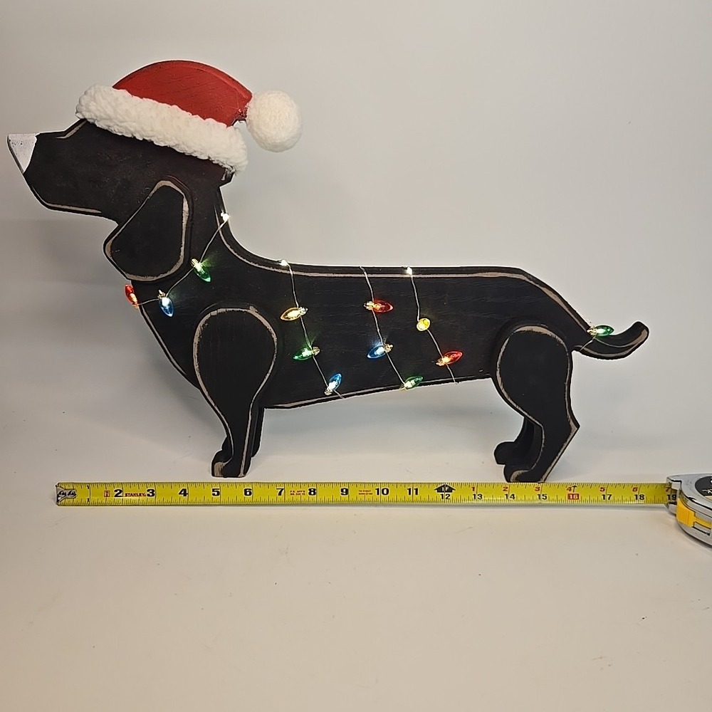 Wood Dachshund Weiner Dog With Christmas Lights And Santa Hat - Picture 2 of 5